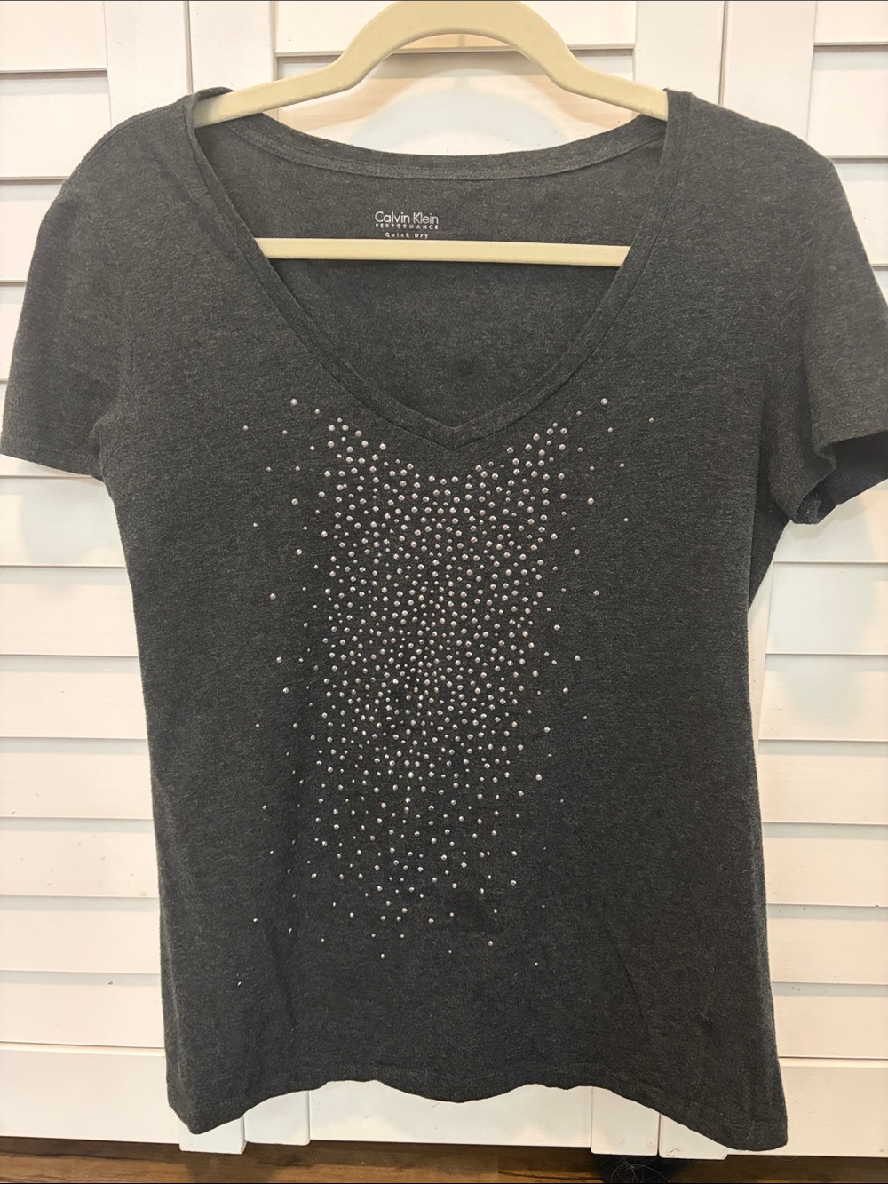 Calvin Klein Dark Gray V-Neck Short Sleeve Tee with Front Studs